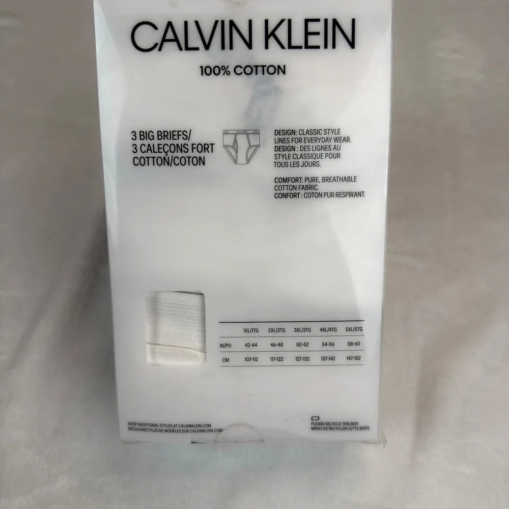 Calvin Klein Mens Big Briefs Cotton 5XL White Classic Fit 3 Pack Breathable New